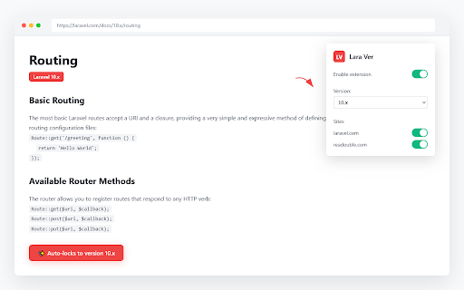 Lara Ver Laravel Documentation Version Manager  from Chrome web store to be run with OffiDocs Chromium online