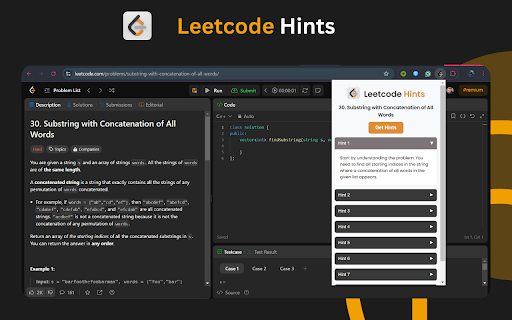 LeetCode Hints  from Chrome web store to be run with OffiDocs Chromium online