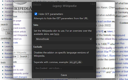 Legacy Wikipedia  from Chrome web store to be run with OffiDocs Chromium online