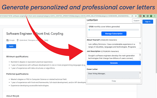 LetterGen AI Cover Letter Generator  from Chrome web store to be run with OffiDocs Chromium online