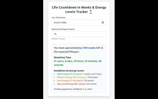 Life Countdown in Weeks  Energy Levels Tracker  from Chrome web store to be run with OffiDocs Chromium online