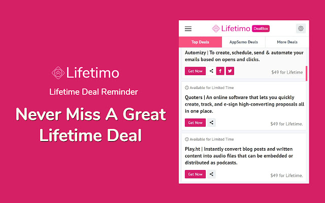 Lifetime Deal Reminder by Lifetimo  from Chrome web store to be run with OffiDocs Chromium online