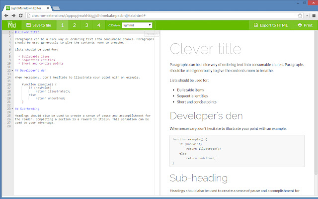 Light Markdown Editor  from Chrome web store to be run with OffiDocs Chromium online