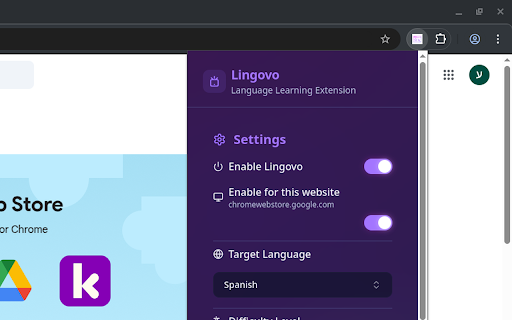 Lingovo Language Learning  from Chrome web store to be run with OffiDocs Chromium online