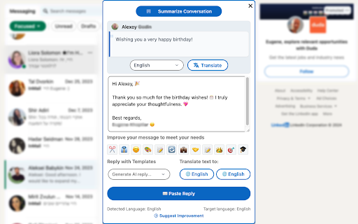 LinkedIn AI Message Assistant  from Chrome web store to be run with OffiDocs Chromium online