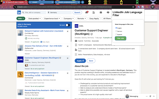 LinkedIn Job Search Language Filter  from Chrome web store to be run with OffiDocs Chromium online