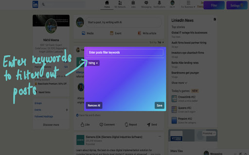 LinkedIn Posts Filter  from Chrome web store to be run with OffiDocs Chromium online