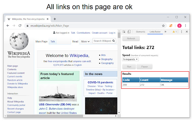 Links tester  from Chrome web store to be run with OffiDocs Chromium online
