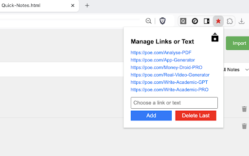 Link/Text Manager Popup  from Chrome web store to be run with OffiDocs Chromium online