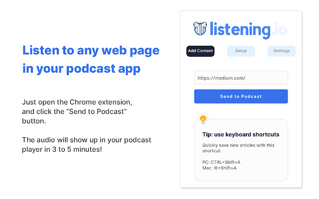 Listening.io  from Chrome web store to be run with OffiDocs Chromium online