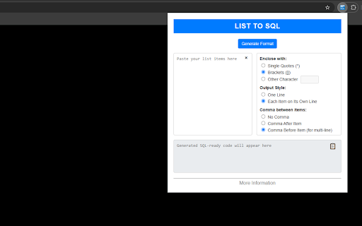 List To SQL  from Chrome web store to be run with OffiDocs Chromium online