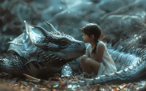 little girl sitting with magical dragon  from Chrome web store to be run with OffiDocs Chromium online