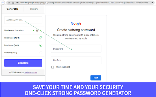 Live Password Generator  from Chrome web store to be run with OffiDocs Chromium online