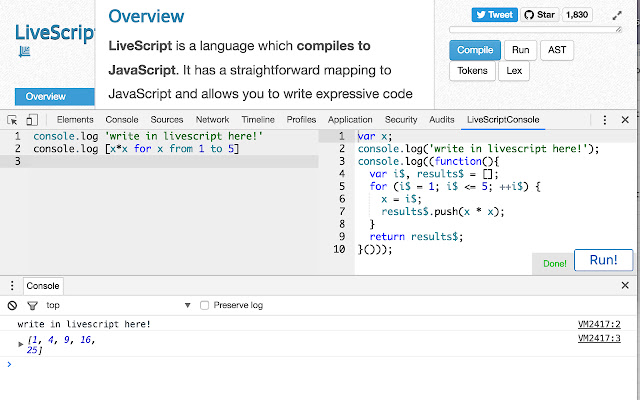 LiveScriptConsole  from Chrome web store to be run with OffiDocs Chromium online