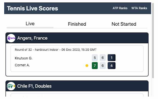 Live Tennis Scores  from Chrome web store to be run with OffiDocs Chromium online