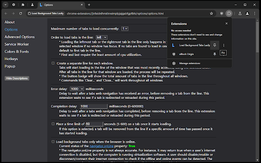 Load Background Tabs Lazily  from Chrome web store to be run with OffiDocs Chromium online