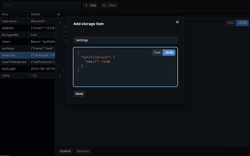 Local Storage Inspector  from Chrome web store to be run with OffiDocs Chromium online