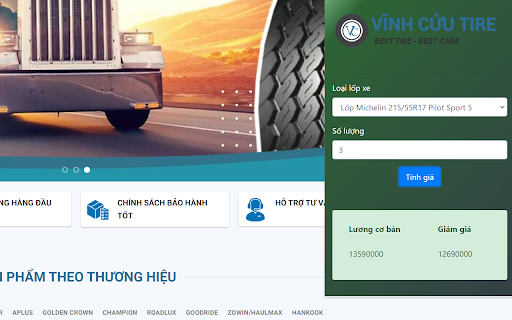 Lốp Xe Vĩnh Cửu Tire  from Chrome web store to be run with OffiDocs Chromium online