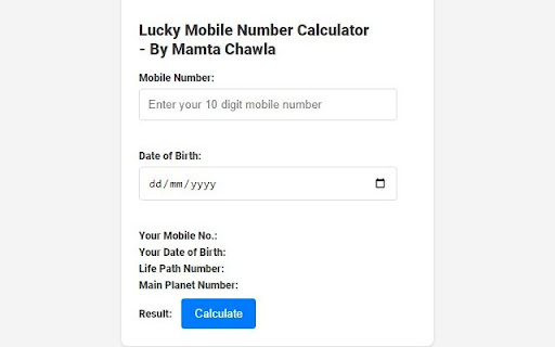 Lucky Mobile Number Calculator by Mamta Chawla  from Chrome web store to be run with OffiDocs Chromium online