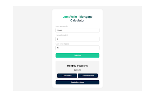 Lumavalle Mortgage Calculator  from Chrome web store to be run with OffiDocs Chromium online