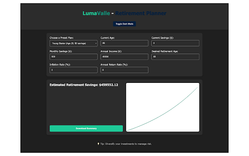 Lumavalle Retirement Planner  from Chrome web store to be run with OffiDocs Chromium online