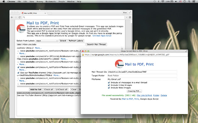 Mail to PDF, Print  from Chrome web store to be run with OffiDocs Chromium online