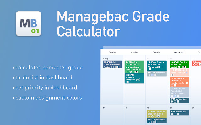 Managebac Grade Calculator  More+  from Chrome web store to be run with OffiDocs Chromium online