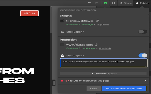Manage Deployments for Webflow  from Chrome web store to be run with OffiDocs Chromium online