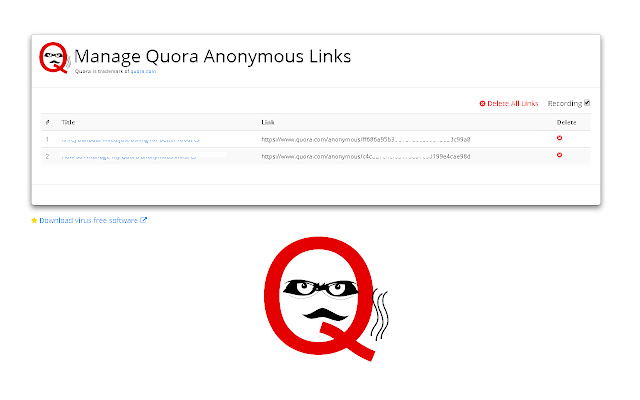 Manage Quora Anonymous Links  from Chrome web store to be run with OffiDocs Chromium online