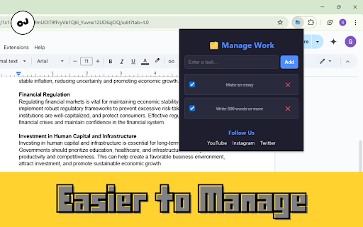 Manage Work  from Chrome web store to be run with OffiDocs Chromium online