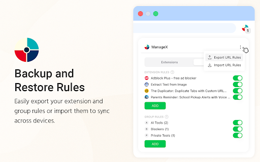ManageX: Extension Manager with URL based Rules  from Chrome web store to be run with OffiDocs Chromium online