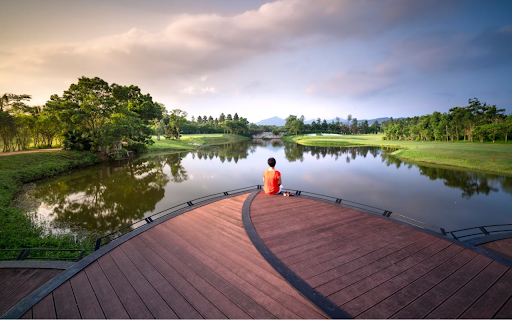 Man sitting in front of a large lake with green trees  from Chrome web store to be run with OffiDocs Chromium online