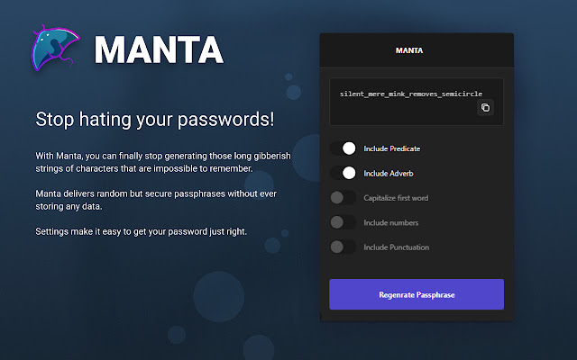 Manta: Passpharase Generator  from Chrome web store to be run with OffiDocs Chromium online
