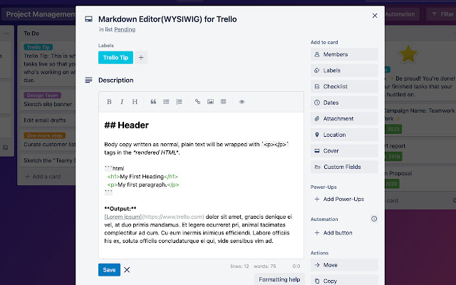 Markdown Editor(WYSIWYG) ສໍາລັບ Trello ຈາກ Chrome web store ທີ່ຈະດໍາເນີນການກັບ OffiDocs Chromium ອອນໄລນ໌