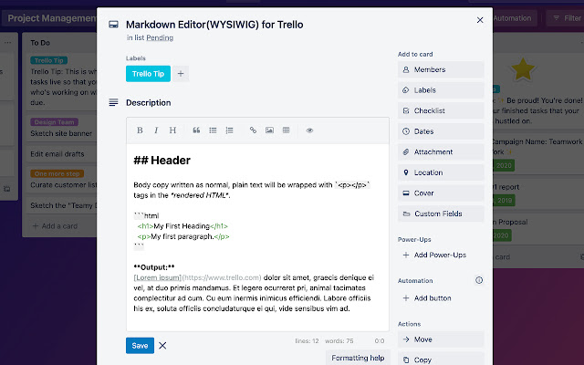 Editor Penurunan Harga (WYSIWYG) untuk Trello dari toko web Chrome untuk dijalankan dengan OffiDocs Chromium online