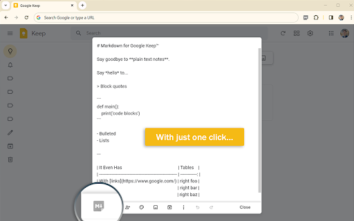 Markdown for Google Keep™  from Chrome web store to be run with OffiDocs Chromium online