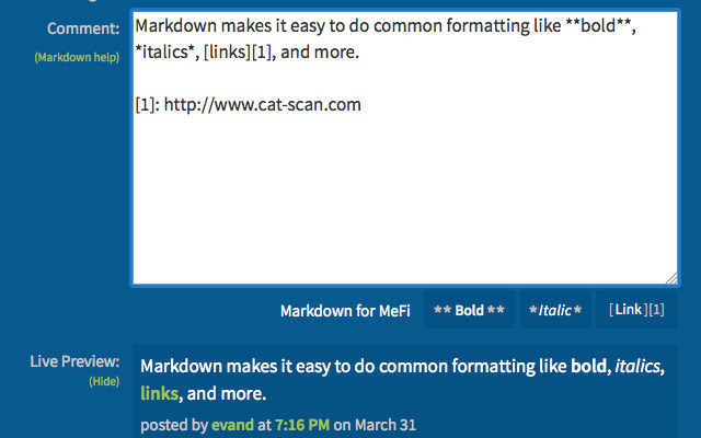 Markdown for MeFi  from Chrome web store to be run with OffiDocs Chromium online