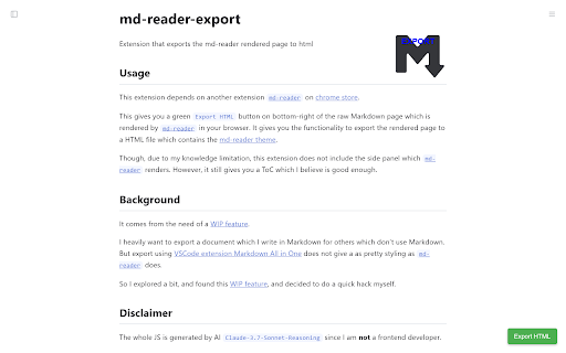 Markdown Reader HTML Export  from Chrome web store to be run with OffiDocs Chromium online