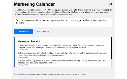 Marketing Calendar  from Chrome web store to be run with OffiDocs Chromium online