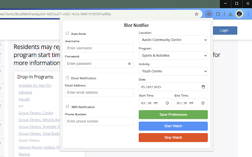 Markham Drop In Auto Booker  Notifier  from Chrome web store to be run with OffiDocs Chromium online