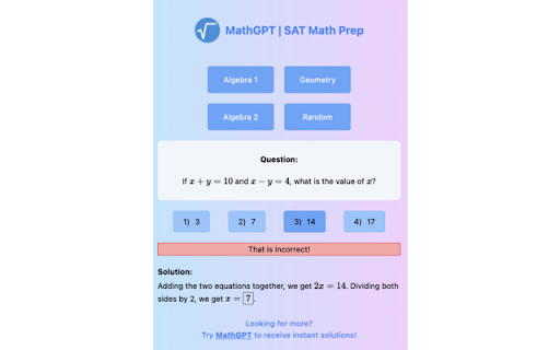 MathGPT | SAT Math Practice Problem Maker and Solver  from Chrome web store to be run with OffiDocs Chromium online