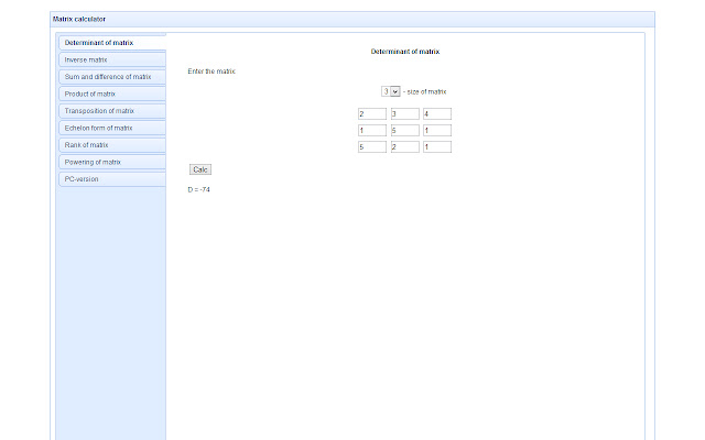 Matrixcalc  from Chrome web store to be run with OffiDocs Chromium online