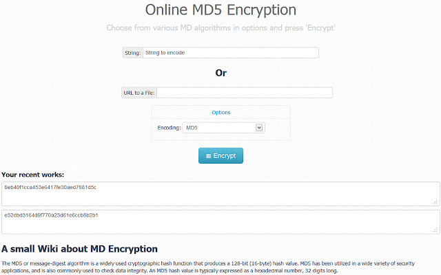 MD5 Encrypter  from Chrome web store to be run with OffiDocs Chromium online