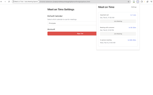 Meet on Time Join meetings on time, automatically  from Chrome web store to be run with OffiDocs Chromium online