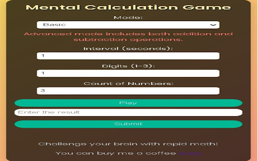 Mental Calculation Game  from Chrome web store to be run with OffiDocs Chromium online