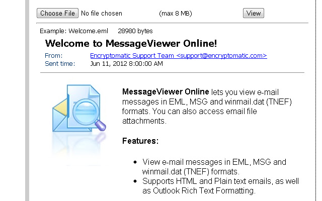 MessageViewer Online by Encryptomatic  from Chrome web store to be run with OffiDocs Chromium online