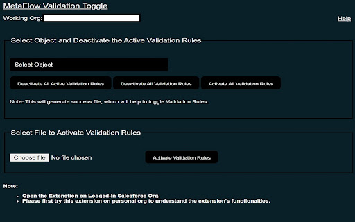 MetaFlow Toggle Validation Rules  from Chrome web store to be run with OffiDocs Chromium online