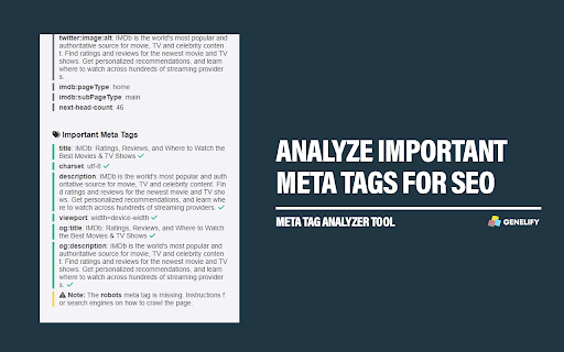 Meta Tag Analyzer Genelify  from Chrome web store to be run with OffiDocs Chromium online