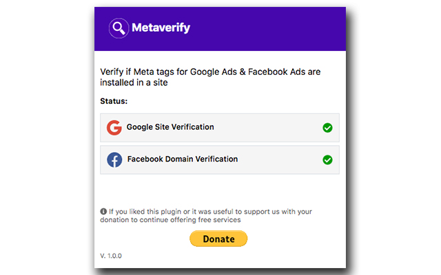Metaverify Verify Meta tags  from Chrome web store to be run with OffiDocs Chromium online