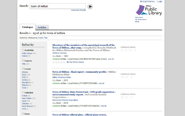 Milton Public Library Catalogue  from Chrome web store to be run with OffiDocs Chromium online